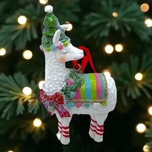 White Llama Ornament Colorful Blanket Christmas Tree Hat Rosy Cheeks